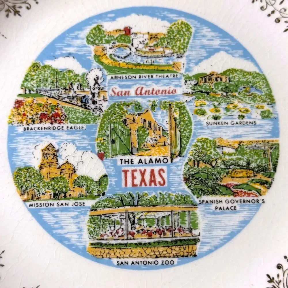 Vintage Texas San Antonio Souvenir Plate 22k Gold Trim The Sabina Line 7.25” 60s